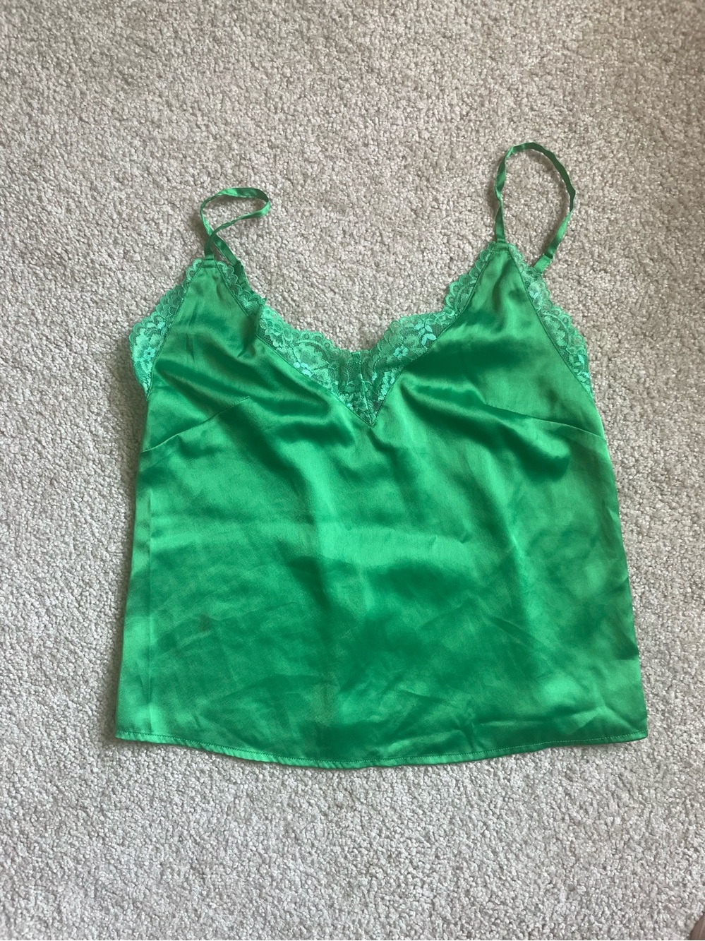 Adore Me Green Satin Lace Trim Cami Top XS Sleepwear Lounge